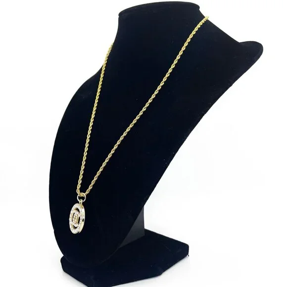 CHANEL CC Round Rhinestone Charm Pendant on Necklace Gold Plated Chain